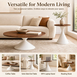 English Elm 2-piece Nesting Round Coffee Table Set Walnut Top Sculptural Steel Base Living Room White + Walnut W2920S00184