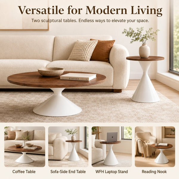 English Elm 2-piece Nesting Round Coffee Table Set Walnut Top Sculptural Steel Base Living Room White + Walnut W2920S00184