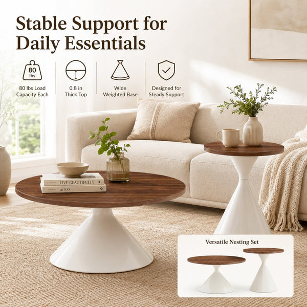 English Elm 2-piece Nesting Round Coffee Table Set Walnut Top Sculptural Steel Base Living Room White + Walnut W2920S00184