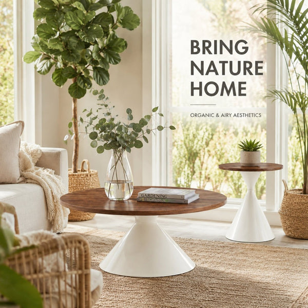 English Elm 2-piece Nesting Round Coffee Table Set Walnut Top Sculptural Steel Base Living Room White + Walnut W2920S00184