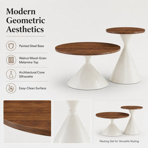 English Elm 2-piece Nesting Round Coffee Table Set Walnut Top Sculptural Steel Base Living Room White + Walnut W2920S00184