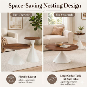 English Elm 2-piece Nesting Round Coffee Table Set Walnut Top Sculptural Steel Base Living Room White + Walnut W2920S00184
