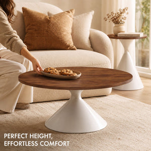 English Elm 2-piece Nesting Round Coffee Table Set Walnut Top Sculptural Steel Base Living Room White + Walnut W2920S00184