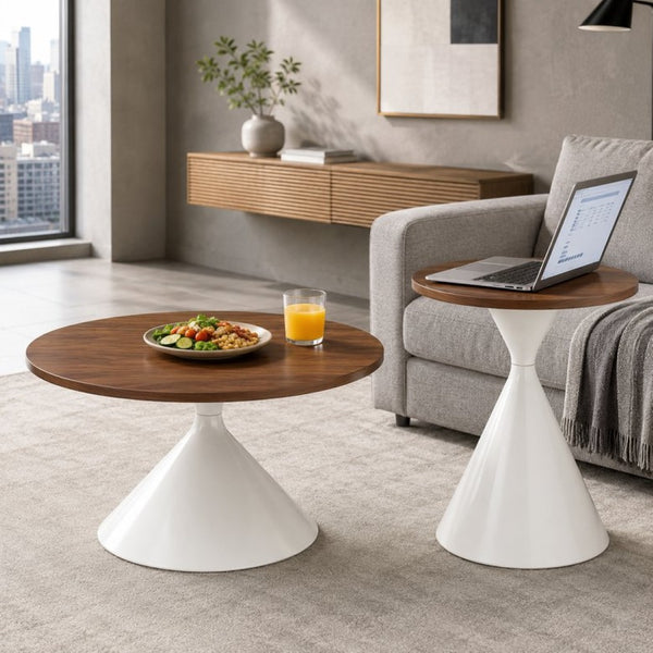 English Elm 2-piece Nesting Round Coffee Table Set Walnut Top Sculptural Steel Base Living Room White + Walnut W2920S00184