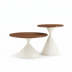 English Elm 2-piece Nesting Round Coffee Table Set Walnut Top Sculptural Steel Base Living Room White + Walnut W2920S00184