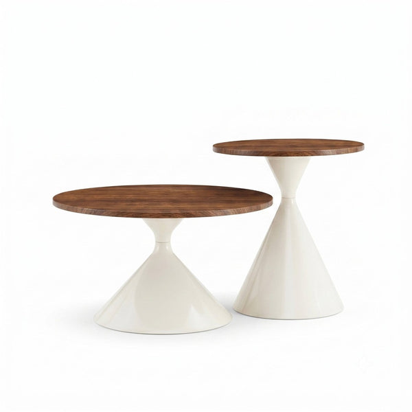 English Elm 2-piece Nesting Round Coffee Table Set Walnut Top Sculptural Steel Base Living Room White + Walnut W2920S00184