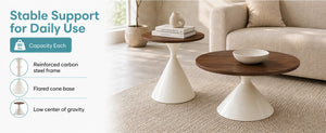 English Elm 2-piece Nesting Round Coffee Table Set Walnut Top Sculptural Steel Base Living Room White + Walnut W2920S00184