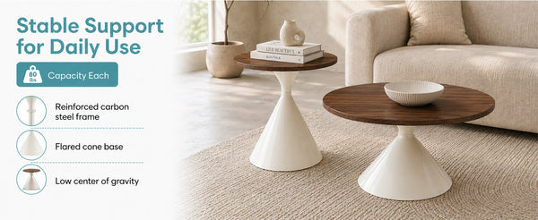 English Elm 2-piece Nesting Round Coffee Table Set Walnut Top Sculptural Steel Base Living Room White + Walnut W2920S00184