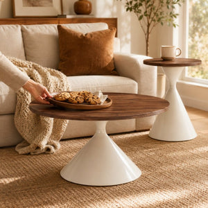English Elm 2-piece Nesting Round Coffee Table Set Walnut Top Sculptural Steel Base Living Room White + Walnut W2920S00184