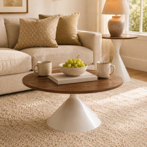 English Elm 2-piece Nesting Round Coffee Table Set Walnut Top Sculptural Steel Base Living Room White + Walnut W2920S00184