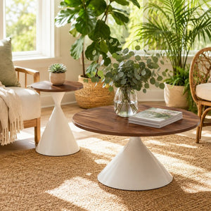 English Elm 2-piece Nesting Round Coffee Table Set Walnut Top Sculptural Steel Base Living Room White + Walnut W2920S00184