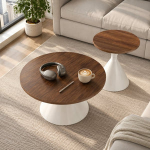 English Elm 2-piece Nesting Round Coffee Table Set Walnut Top Sculptural Steel Base Living Room White + Walnut W2920S00184