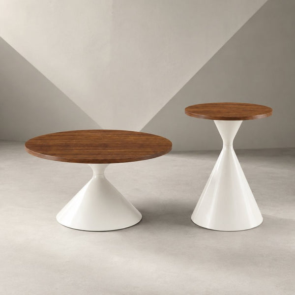 English Elm 2-piece Nesting Round Coffee Table Set Walnut Top Sculptural Steel Base Living Room White + Walnut W2920S00184