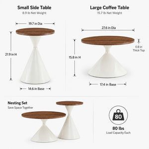 English Elm 2-piece Nesting Round Coffee Table Set Walnut Top Sculptural Steel Base Living Room White + Walnut W2920S00184