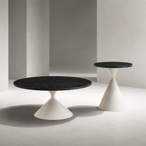 English Elm 2-piece Nesting Round Coffee Table Set Walnut Top Sculptural Steel Base Living Room Black + White W2920S00185