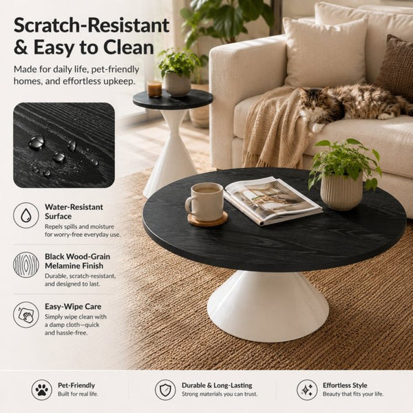 English Elm 2-piece Nesting Round Coffee Table Set Walnut Top Sculptural Steel Base Living Room Black + White W2920S00185