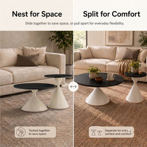 English Elm 2-piece Nesting Round Coffee Table Set Walnut Top Sculptural Steel Base Living Room Black + White W2920S00185