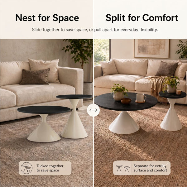 English Elm 2-piece Nesting Round Coffee Table Set Walnut Top Sculptural Steel Base Living Room Black + White W2920S00185
