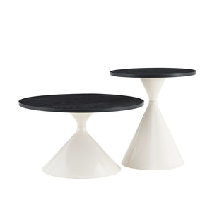 English Elm 2-piece Nesting Round Coffee Table Set Walnut Top Sculptural Steel Base Living Room Black + White W2920S00185