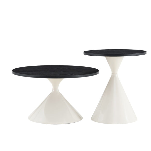 English Elm 2-piece Nesting Round Coffee Table Set Walnut Top Sculptural Steel Base Living Room Black + White W2920S00185