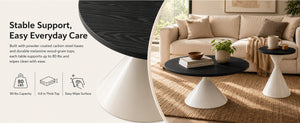 English Elm 2-piece Nesting Round Coffee Table Set Walnut Top Sculptural Steel Base Living Room Black + White W2920S00185