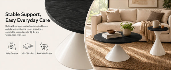 English Elm 2-piece Nesting Round Coffee Table Set Walnut Top Sculptural Steel Base Living Room Black + White W2920S00185