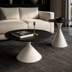 English Elm 2-piece Nesting Round Coffee Table Set Walnut Top Sculptural Steel Base Living Room Black + White W2920S00185