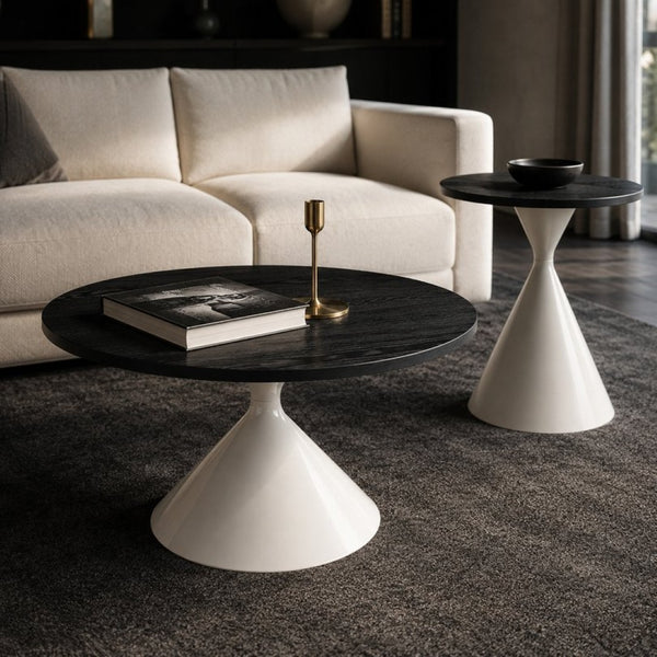 English Elm 2-piece Nesting Round Coffee Table Set Walnut Top Sculptural Steel Base Living Room Black + White W2920S00185
