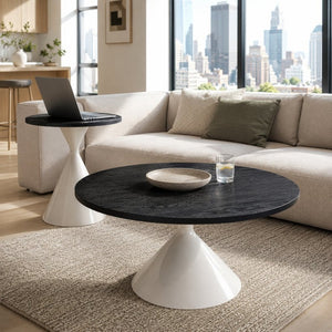 English Elm 2-piece Nesting Round Coffee Table Set Walnut Top Sculptural Steel Base Living Room Black + White W2920S00185