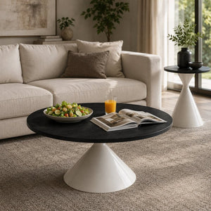 English Elm 2-piece Nesting Round Coffee Table Set Walnut Top Sculptural Steel Base Living Room Black + White W2920S00185