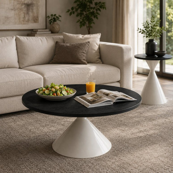 English Elm 2-piece Nesting Round Coffee Table Set Walnut Top Sculptural Steel Base Living Room Black + White W2920S00185