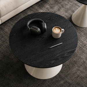 English Elm 2-piece Nesting Round Coffee Table Set Walnut Top Sculptural Steel Base Living Room Black + White W2920S00185