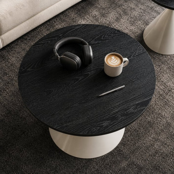 English Elm 2-piece Nesting Round Coffee Table Set Walnut Top Sculptural Steel Base Living Room Black + White W2920S00185