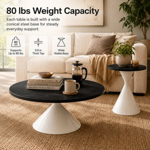 English Elm 2-piece Nesting Round Coffee Table Set Walnut Top Sculptural Steel Base Living Room Black + White W2920S00185