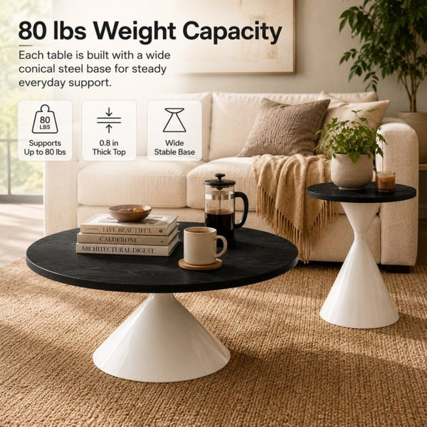 English Elm 2-piece Nesting Round Coffee Table Set Walnut Top Sculptural Steel Base Living Room Black + White W2920S00185