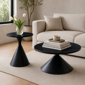 English Elm 2-piece Nesting Round Coffee Table Set Walnut Top Sculptural Steel Base Living Room Black W2920S00186