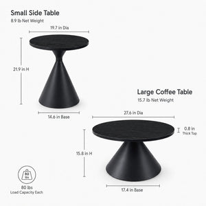 English Elm 2-piece Nesting Round Coffee Table Set Walnut Top Sculptural Steel Base Living Room Black W2920S00186
