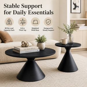 English Elm 2-piece Nesting Round Coffee Table Set Walnut Top Sculptural Steel Base Living Room Black W2920S00186