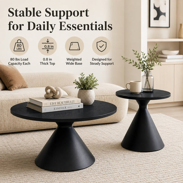 English Elm 2-piece Nesting Round Coffee Table Set Walnut Top Sculptural Steel Base Living Room Black W2920S00186