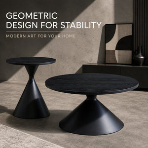 English Elm 2-piece Nesting Round Coffee Table Set Walnut Top Sculptural Steel Base Living Room Black W2920S00186