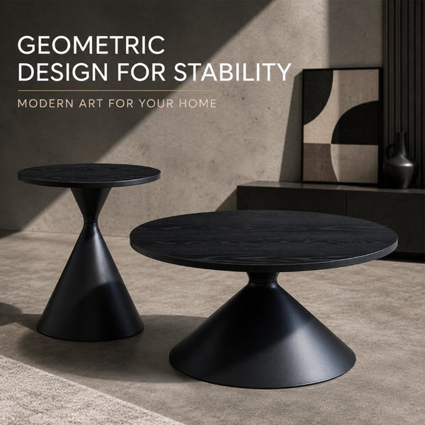 English Elm 2-piece Nesting Round Coffee Table Set Walnut Top Sculptural Steel Base Living Room Black W2920S00186
