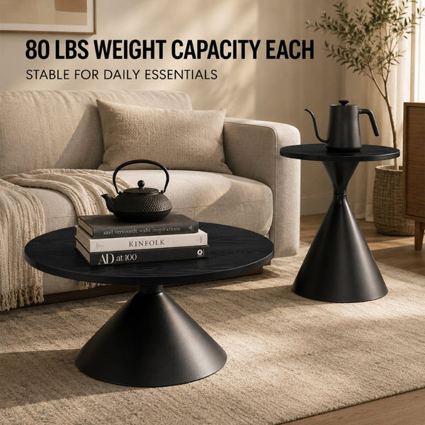 English Elm 2-piece Nesting Round Coffee Table Set Walnut Top Sculptural Steel Base Living Room Black W2920S00186