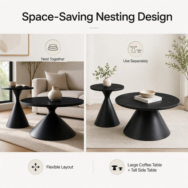 English Elm 2-piece Nesting Round Coffee Table Set Walnut Top Sculptural Steel Base Living Room Black W2920S00186