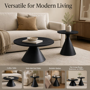 English Elm 2-piece Nesting Round Coffee Table Set Walnut Top Sculptural Steel Base Living Room Black W2920S00186