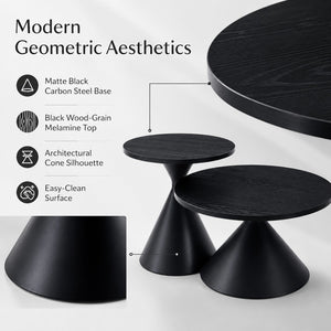 English Elm 2-piece Nesting Round Coffee Table Set Walnut Top Sculptural Steel Base Living Room Black W2920S00186