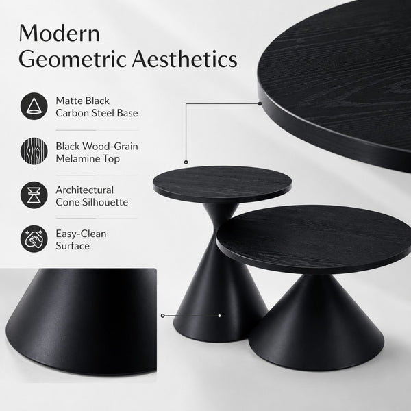 English Elm 2-piece Nesting Round Coffee Table Set Walnut Top Sculptural Steel Base Living Room Black W2920S00186