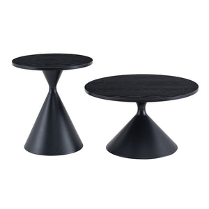 English Elm 2-piece Nesting Round Coffee Table Set Walnut Top Sculptural Steel Base Living Room Black W2920S00186