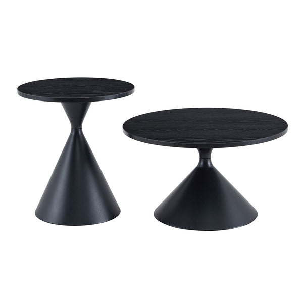 English Elm 2-piece Nesting Round Coffee Table Set Walnut Top Sculptural Steel Base Living Room Black W2920S00186