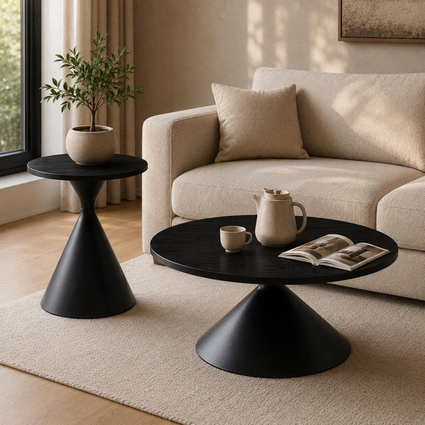 English Elm 2-piece Nesting Round Coffee Table Set Walnut Top Sculptural Steel Base Living Room Black W2920S00186