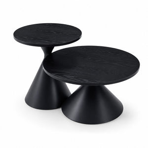 English Elm 2-piece Nesting Round Coffee Table Set Walnut Top Sculptural Steel Base Living Room Black W2920S00186